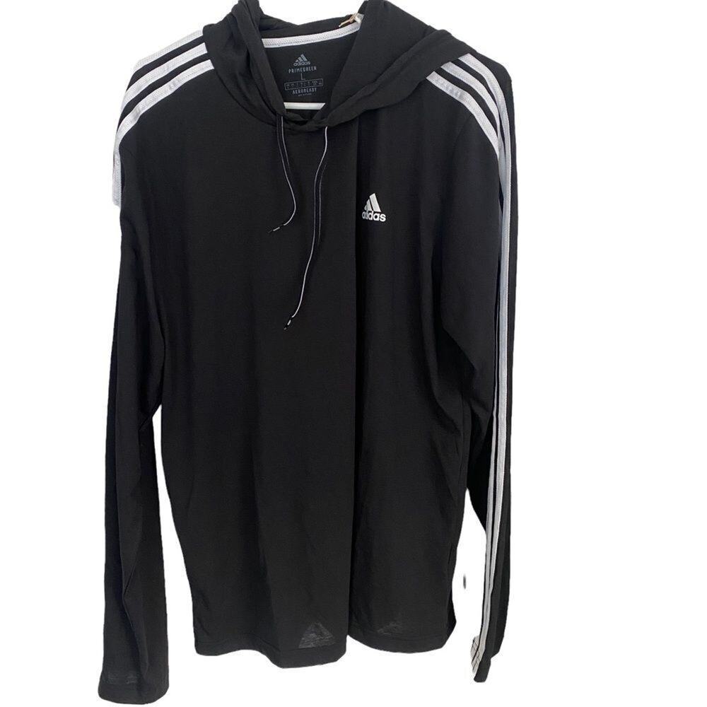 Adidas Hooded Tee Mens L Black Aeroready 3-Stripe Long Sleeve Athletic